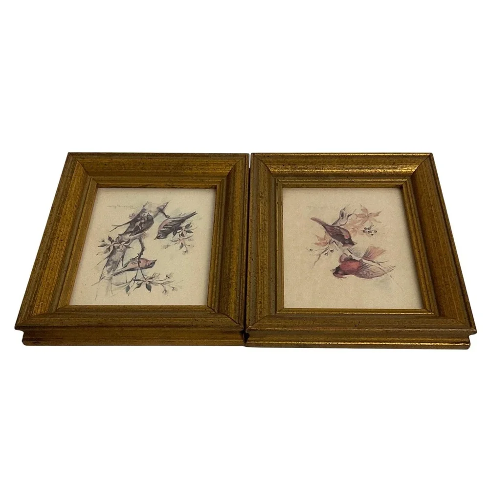 Vintage Paul Whitney Hunter Framed Bird Prints Set of 2 Cardinals Songbirds Gold